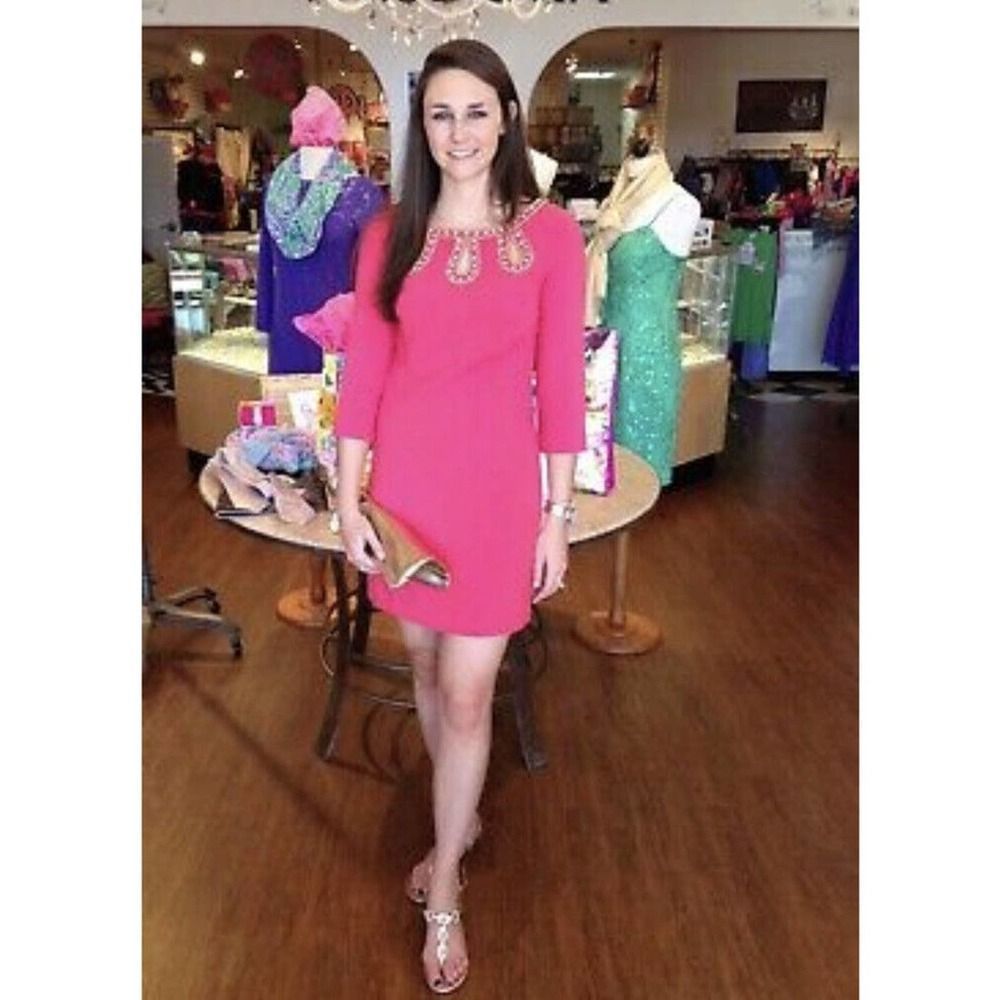 ❌SOLD❌ Lilly Pulitzer Brontë Pink Watermelon Shift Gold Embellished Dress S - Picture 4 of 12